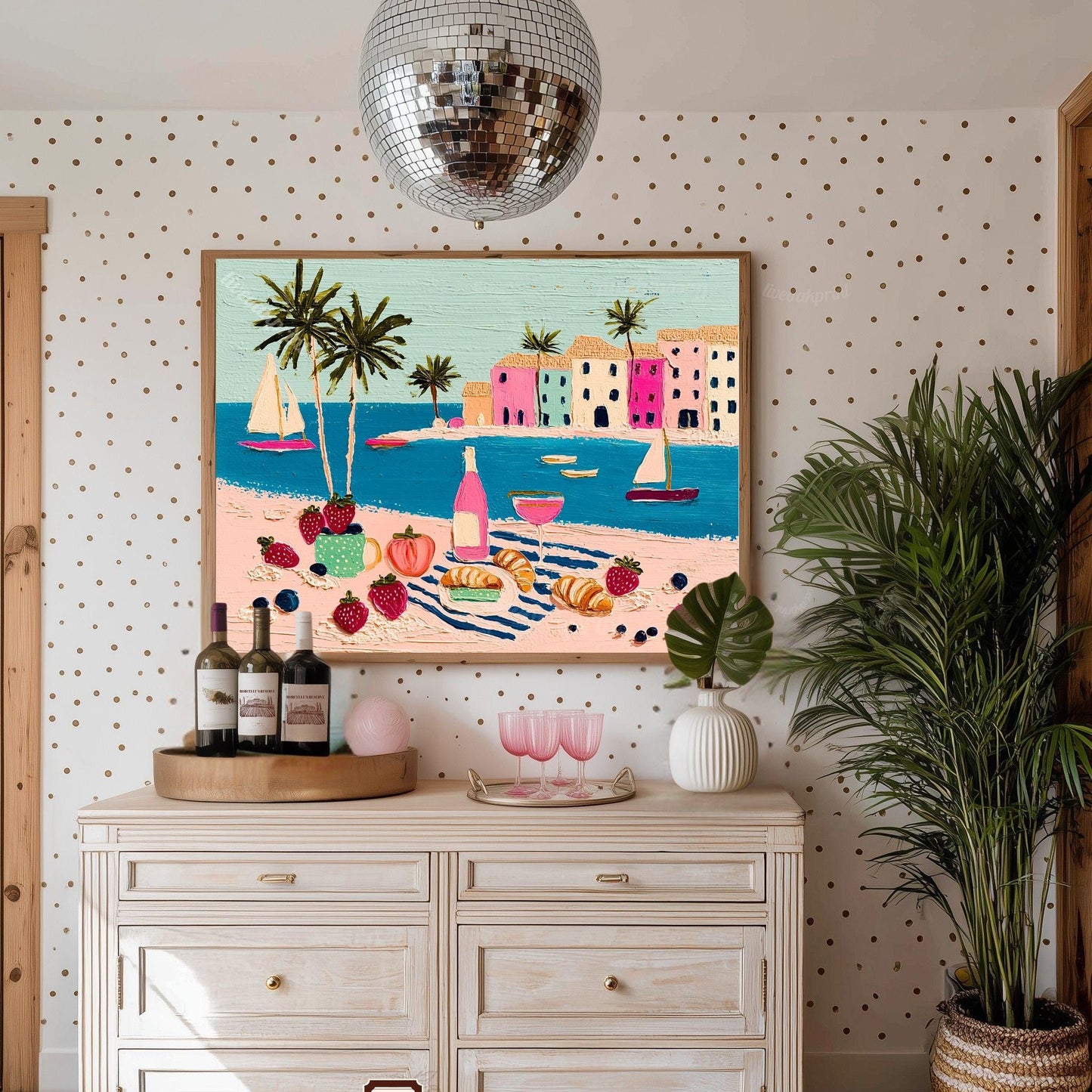 Romantic Riviera Print - Beach Charcuterie Board Wall Art Mediterranean Coastal Decor Framed Canvas