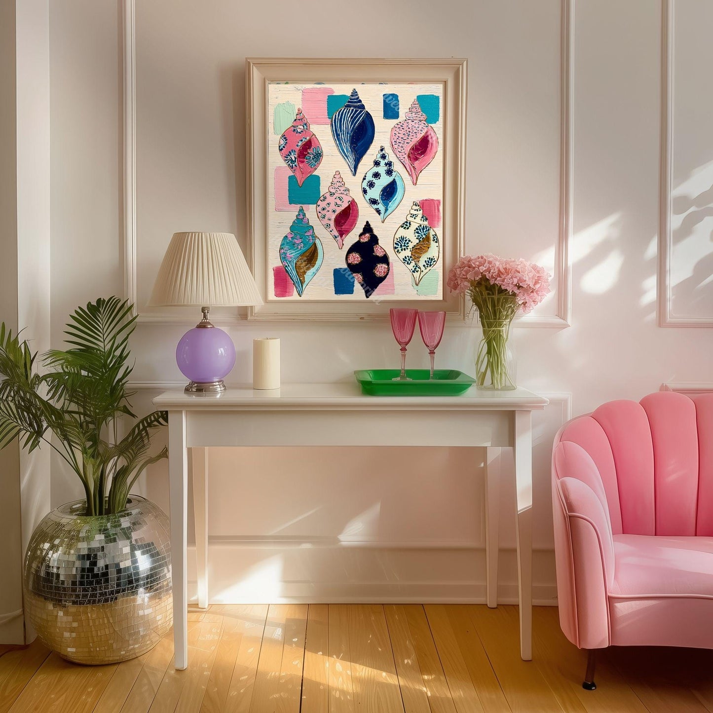 Seashell Art Print – Coastal Folk Art Collection, Preppy Beach House Decor