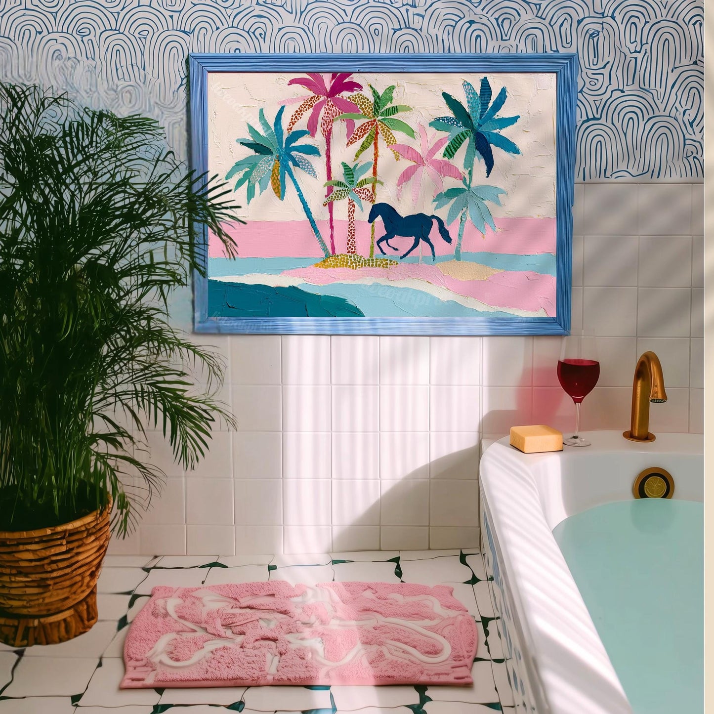 Coastal Cowgirl Horse Print – Tropical Palm Tree Folk Art Wall Decor Framed Canvas