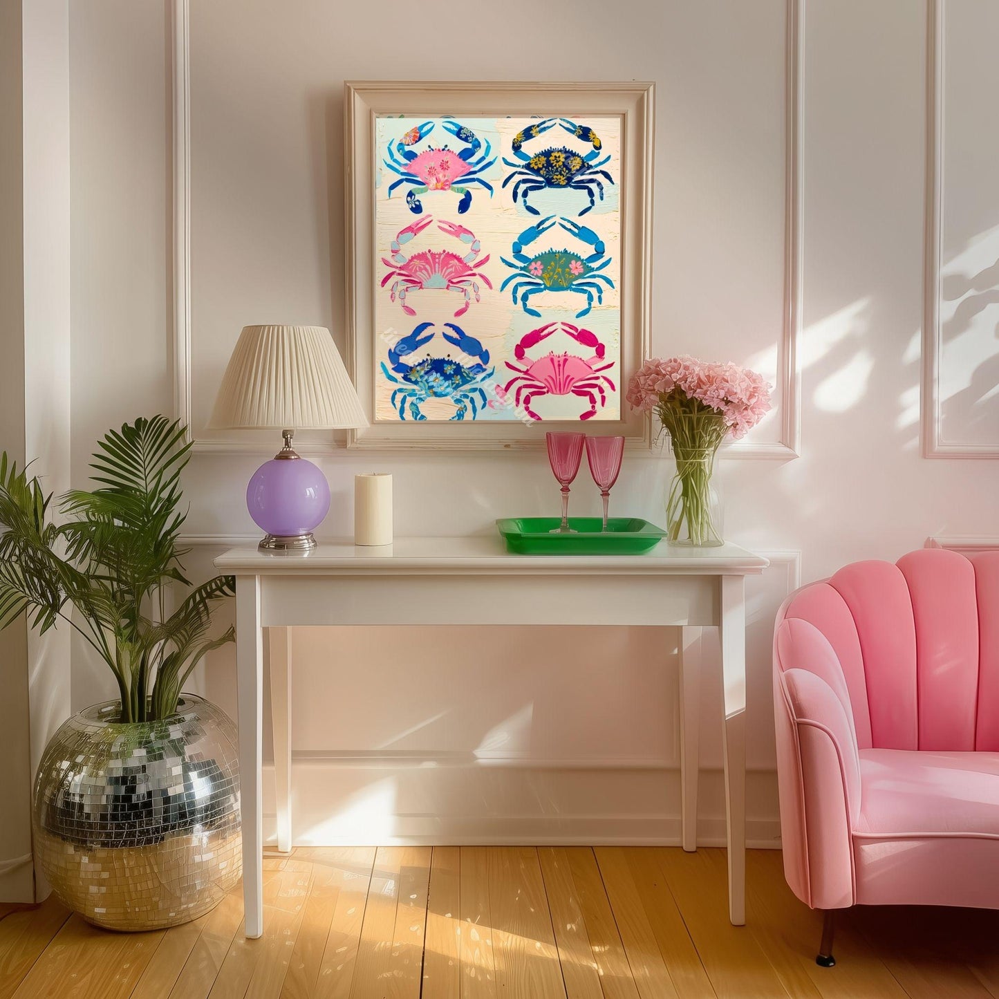 Colorful Crab Art Print – Maximalist Folk Art Coastal Bathroom Decor