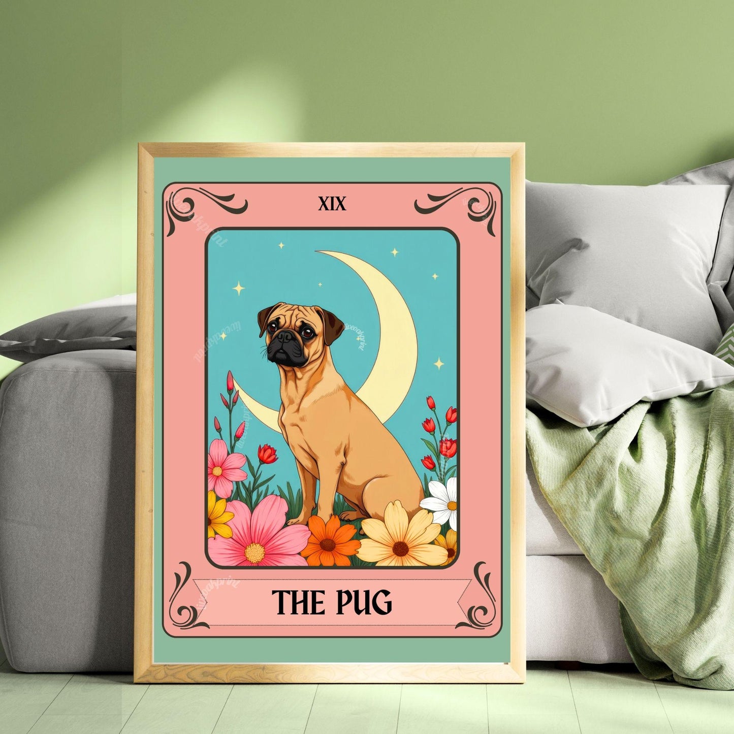 The Pug Tarot Card – Boho Pug Print Wall Decor Dog Owner Gift