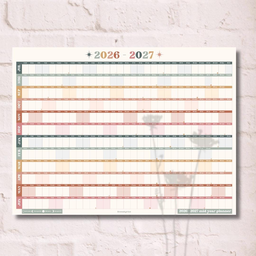 2026 - 2027 Mid Year Wall Planner Calendar – One Page Academic Yearly Wall Calendar Poster, Large Year at a Glance Wall Planner July Start