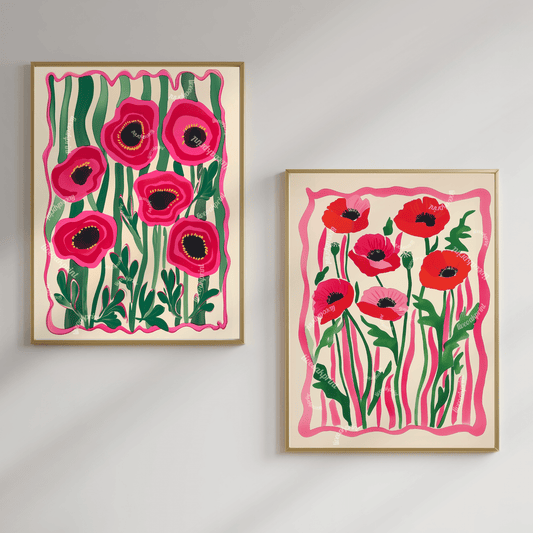 Set of 2 Funky Red Poppies Art Prints