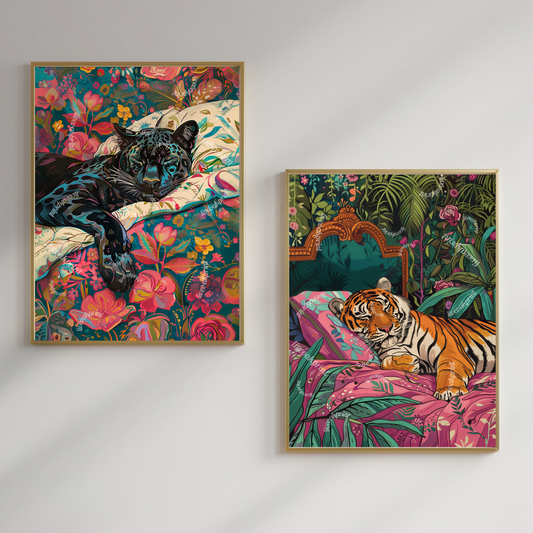 Set Of Two Prints - Tiger and Puma Sleeping Bedroom Art