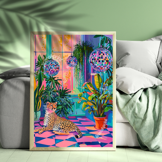 Cheetah, Plants, and Disco Balls - Cheetah Print - Maximalist Wall Art - Bold Cheetah Decor - Pink Cheetah Print - Boho Jungle Wall Art