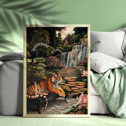 Moody Tiger in an English Garden - Lily Pond Wall Art - Boho Wall Decor - Tiger Wall Art - Moody Maximalist Print