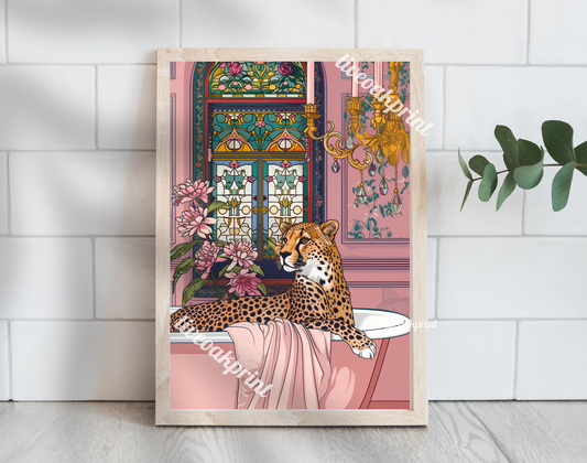 Cheetah In A Bathtub In A Fancy Pink Bathroom - Maximalist Bathroom Decor - Cheetah Bathroom Print - Cheetah Wall Decor