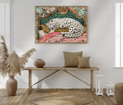 Sleepy Leopard - White Snow Leopard in a Vintage Bedroom - Leopard Bedroom - Maximalist Wall Art - Pastel Print - Over Bed Wall Art