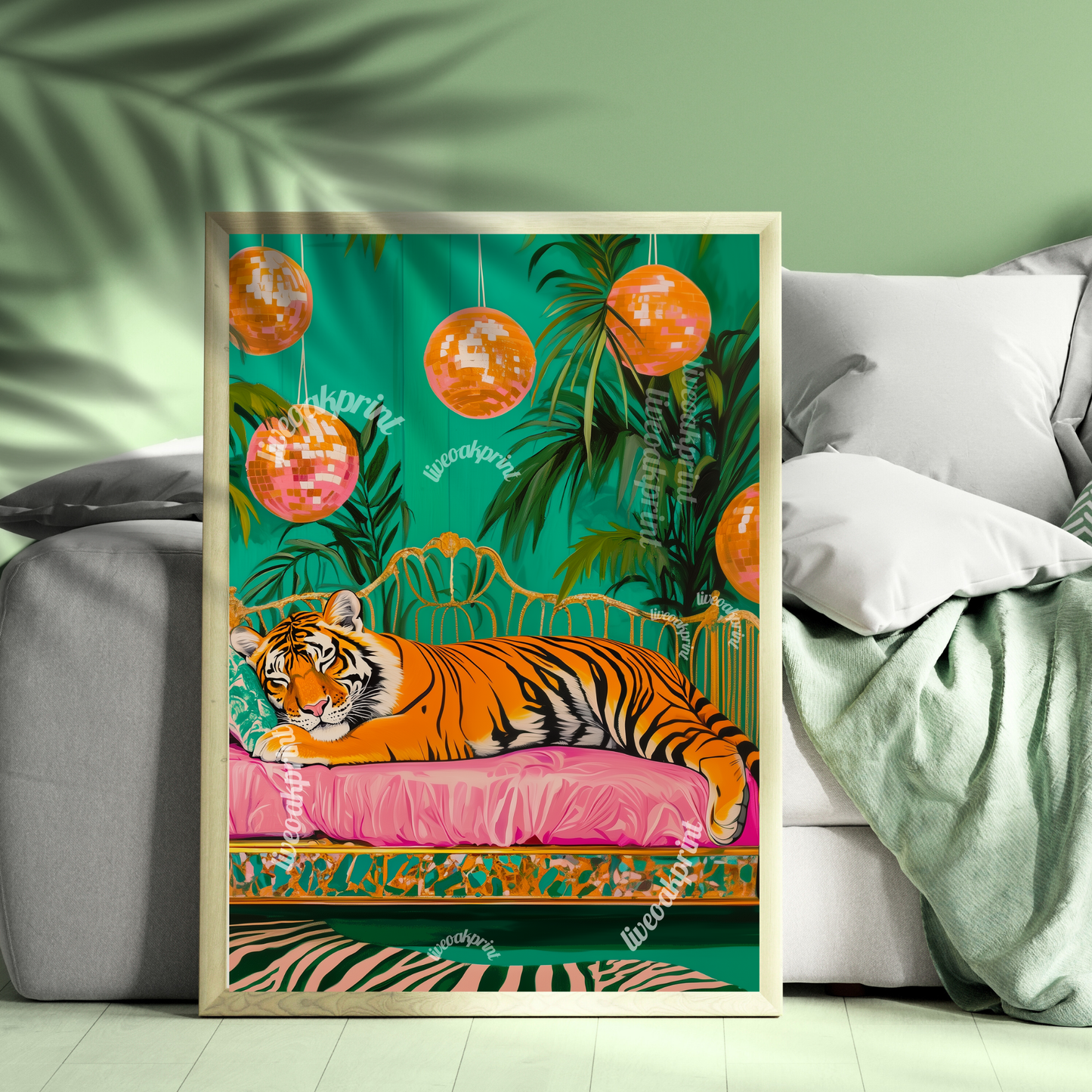 Sleeping Tiger Under Disco Ball - Tiger Print - Maximalist Wall Art - Bold Tiger Decor - Pink Tiger Print - Boho Jungle Wall Art