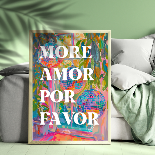 More Amor Por Favor Print - Self Love Typography Poster - Maximalist Wall Art - Vanity Decor - Y2K Wall Art - Disco Ball Wall Art