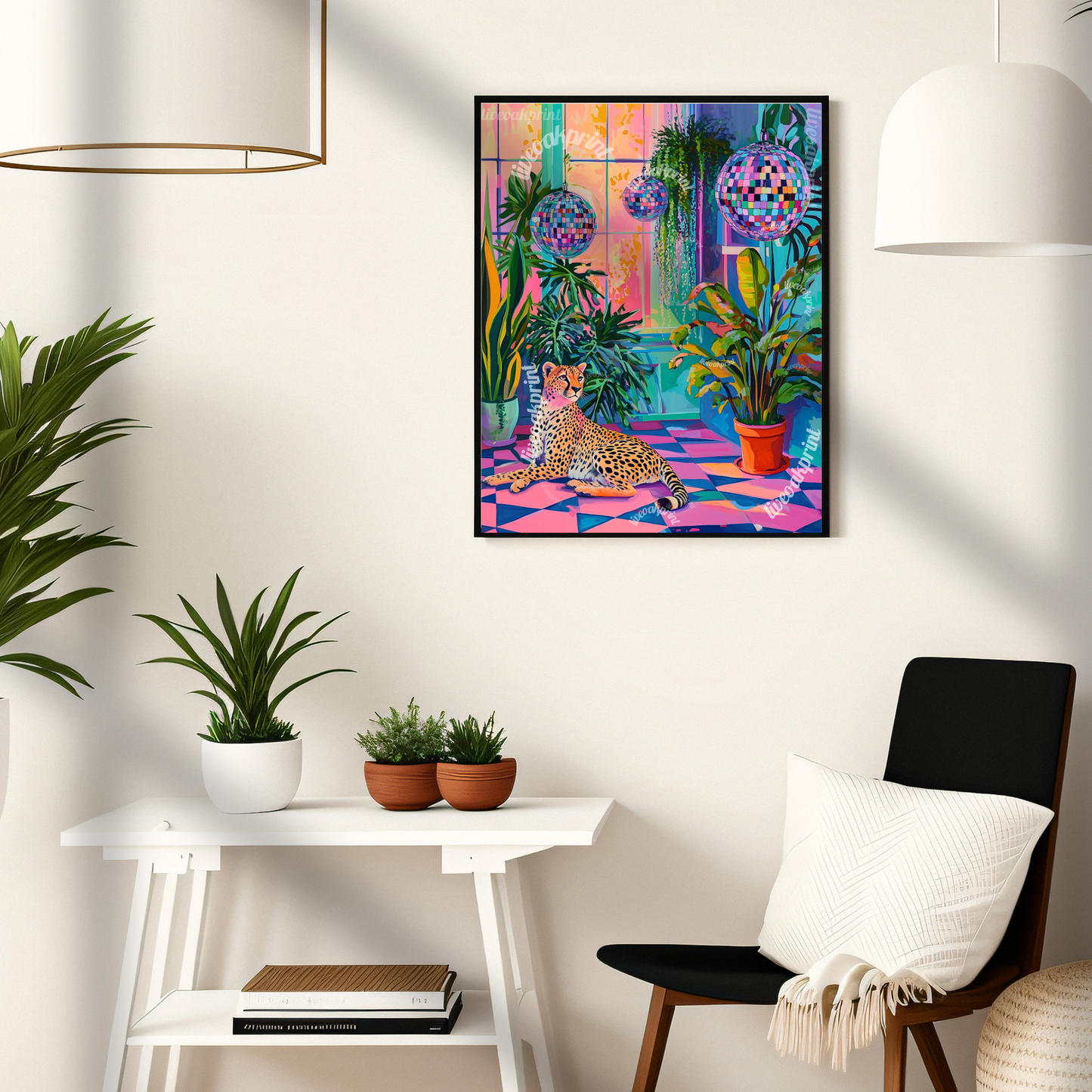 Cheetah, Plants, and Disco Balls - Cheetah Print - Maximalist Wall Art - Bold Cheetah Decor - Pink Cheetah Print - Boho Jungle Wall Art