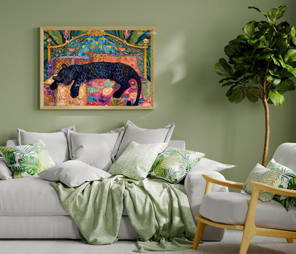 Sleepy Leopard - Black Leopard in a Colorful Bedroom - Panther Bedroom - Maximalist Wall Art - Colorful Bedroom Art - Over Bed Wall Art