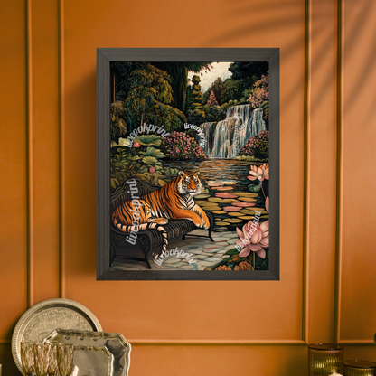 Moody Tiger in an English Garden - Lily Pond Wall Art - Boho Wall Decor - Tiger Wall Art - Moody Maximalist Print