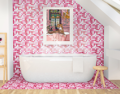 Cheetah In A Bathtub In A Fancy Pink Bathroom - Maximalist Bathroom Decor - Cheetah Bathroom Print - Cheetah Wall Decor