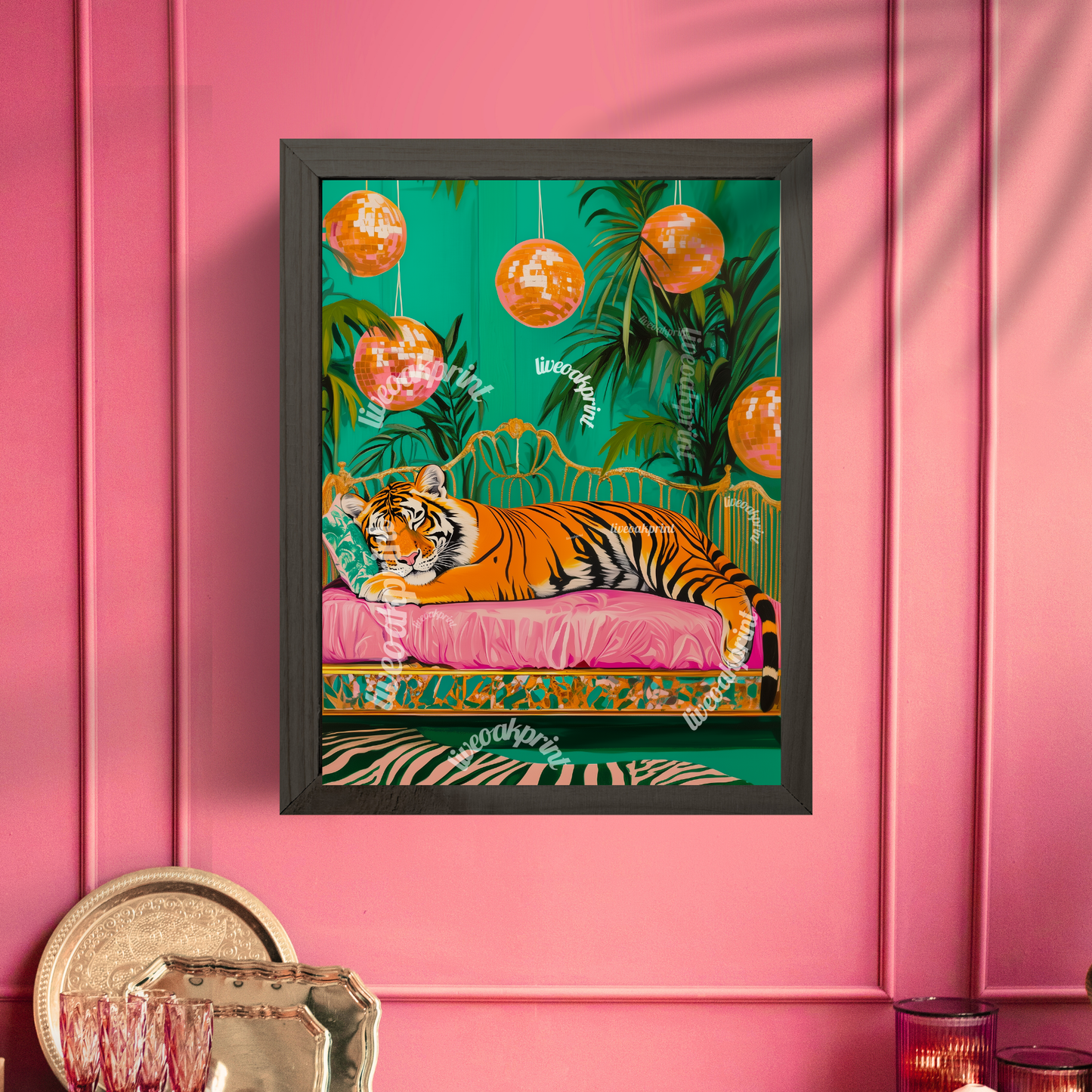 Sleeping Tiger Under Disco Ball - Tiger Print - Maximalist Wall Art - Bold Tiger Decor - Pink Tiger Print - Boho Jungle Wall Art