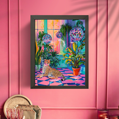 Cheetah, Plants, and Disco Balls - Cheetah Print - Maximalist Wall Art - Bold Cheetah Decor - Pink Cheetah Print - Boho Jungle Wall Art