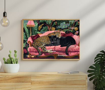 Snuggly Leopard and Black Panther In a Vintage Couch - Leopard Bedroom - Maximalist Wall Art - Black Panther Print - Leopard Wall Art