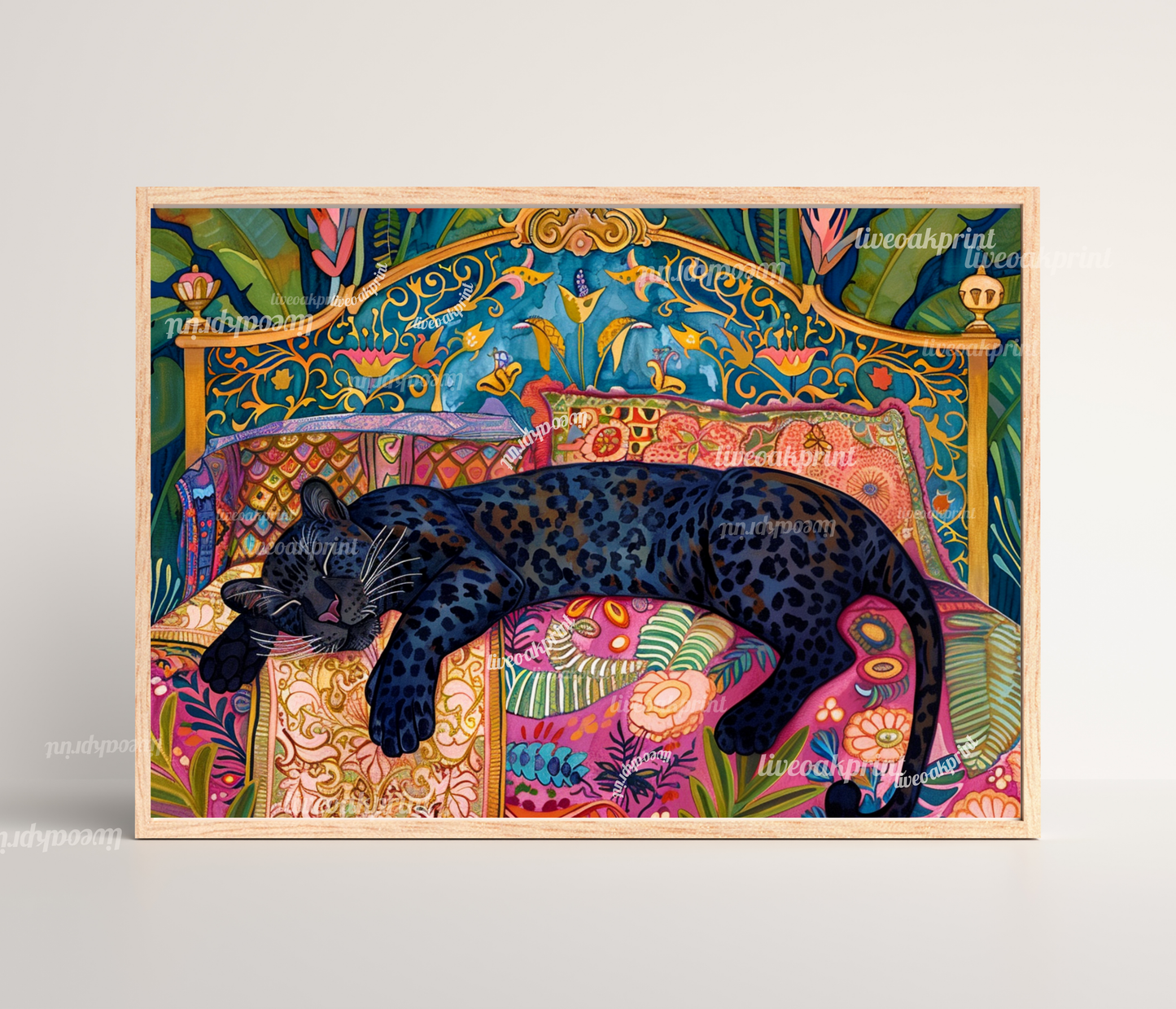 Sleepy Leopard - Black Leopard in a Colorful Bedroom - Panther Bedroom - Maximalist Wall Art - Colorful Bedroom Art - Over Bed Wall Art