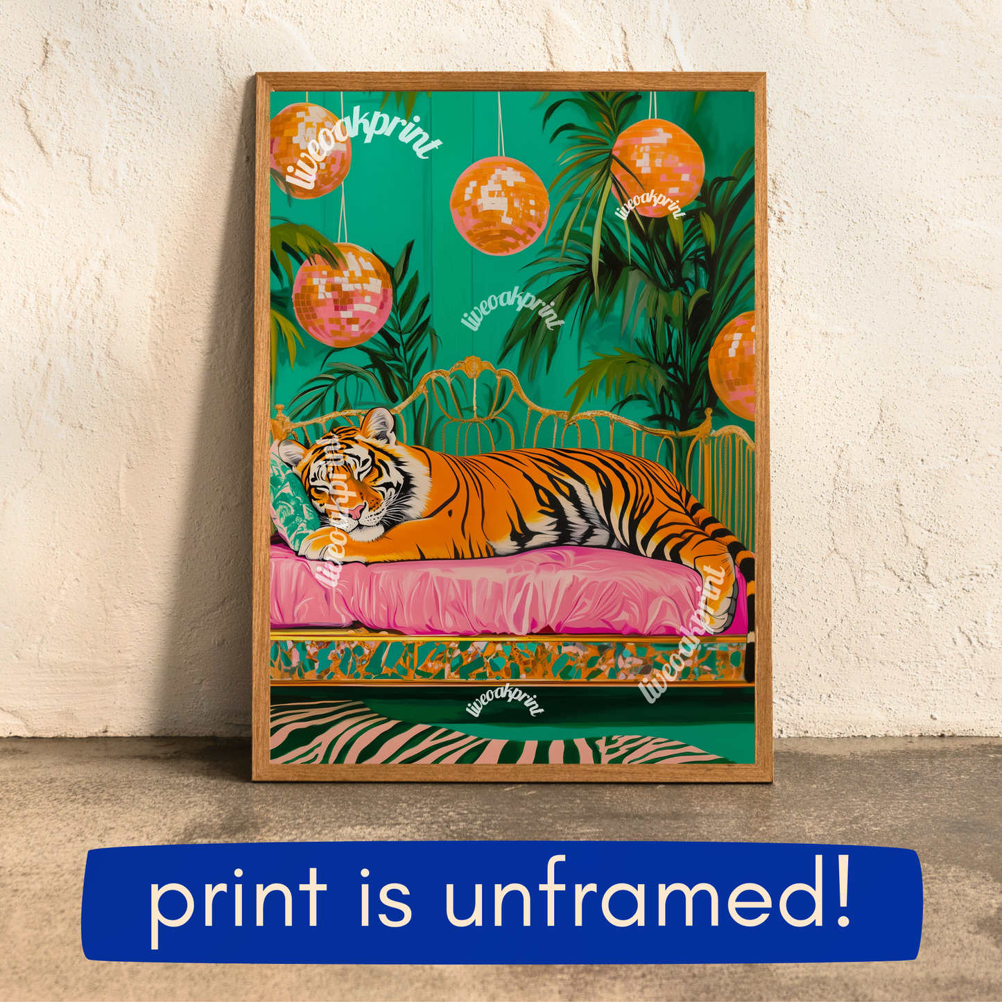 Sleeping Tiger Under Disco Ball - Tiger Print - Maximalist Wall Art - Bold Tiger Decor - Pink Tiger Print - Boho Jungle Wall Art