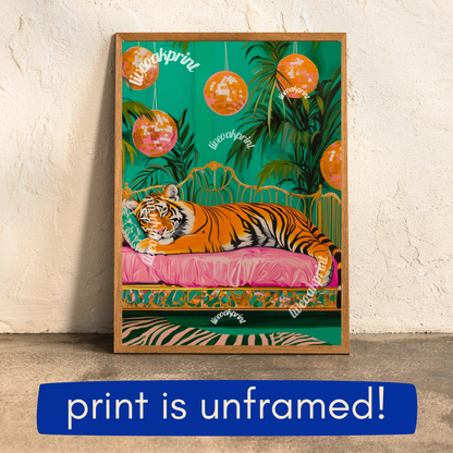 Sleeping Tiger Under Disco Ball - Tiger Print - Maximalist Wall Art - Bold Tiger Decor - Pink Tiger Print - Boho Jungle Wall Art