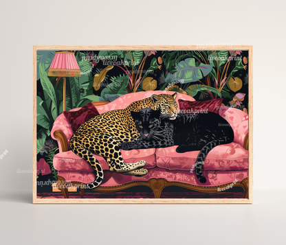 Snuggly Leopard and Black Panther In a Vintage Couch - Leopard Bedroom - Maximalist Wall Art - Black Panther Print - Leopard Wall Art