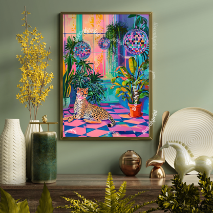 Cheetah, Plants, and Disco Balls - Cheetah Print - Maximalist Wall Art - Bold Cheetah Decor - Pink Cheetah Print - Boho Jungle Wall Art