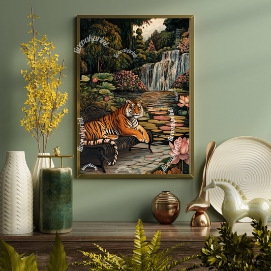 Moody Tiger in an English Garden - Lily Pond Wall Art - Boho Wall Decor - Tiger Wall Art - Moody Maximalist Print