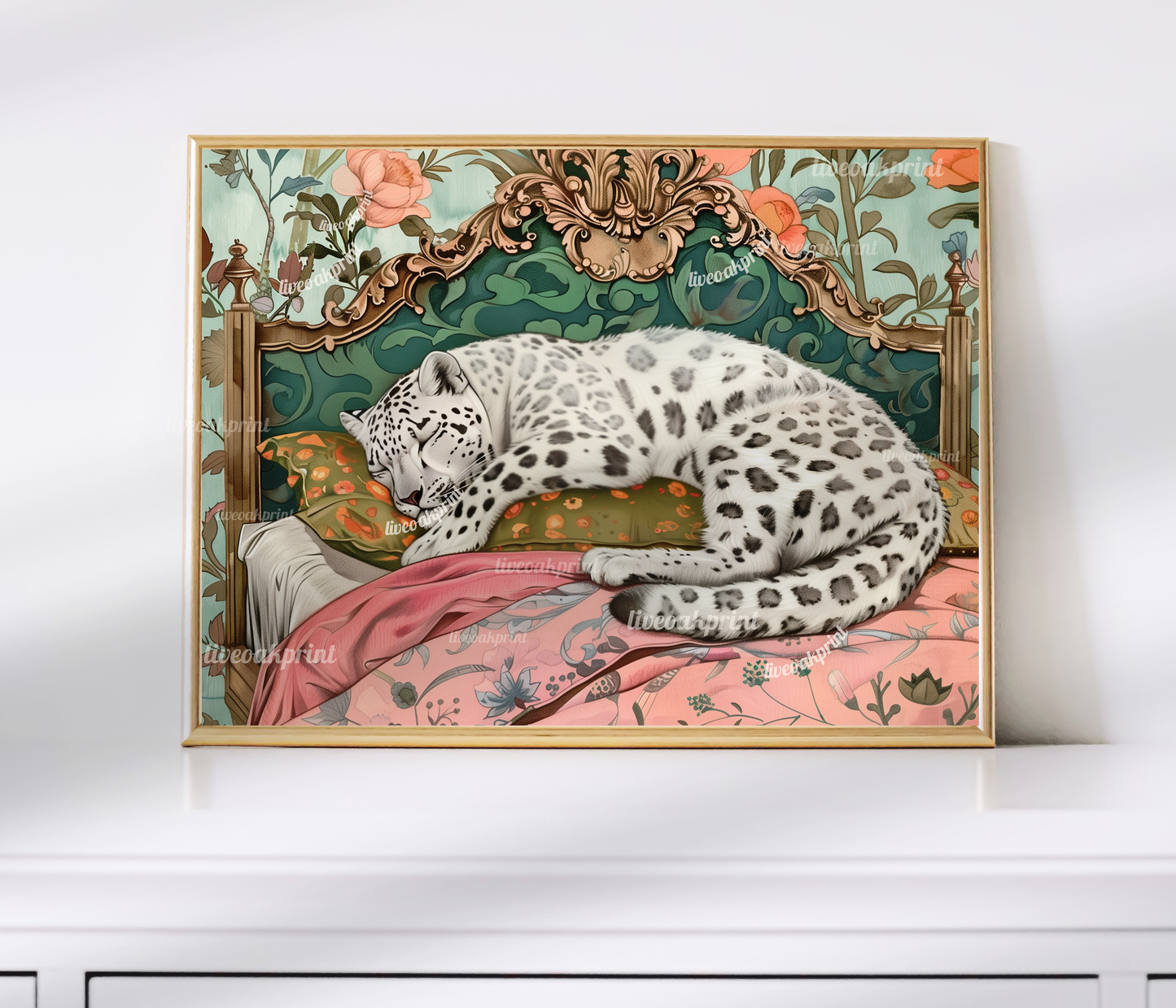 Sleepy Leopard - White Snow Leopard in a Vintage Bedroom - Leopard Bedroom - Maximalist Wall Art - Pastel Print - Over Bed Wall Art