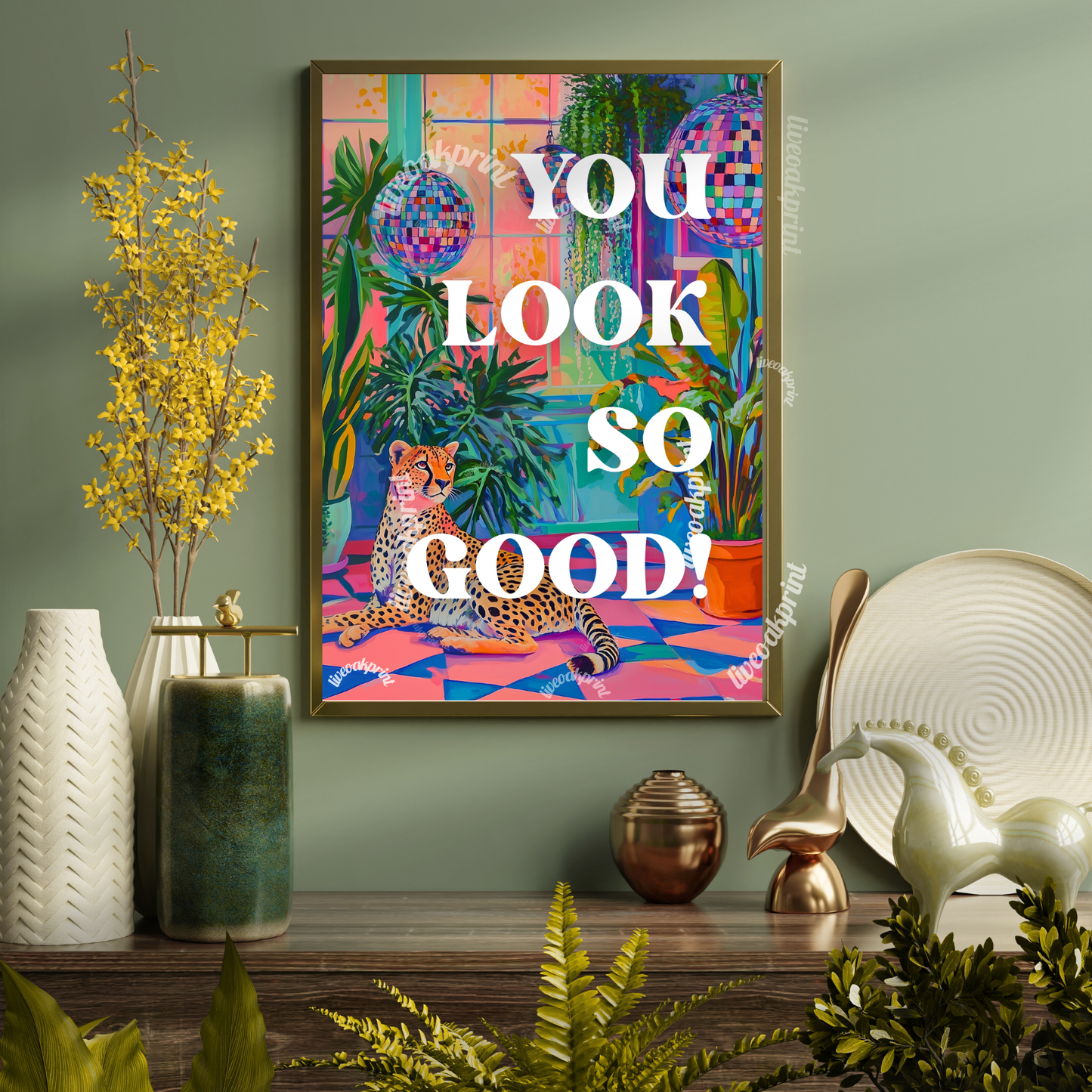 You Look So Good ! - Bathroom Typography Poster - Maximalist Bathroom Art - Vanity Decor - Y2K Wall Art - Cheetah Wall Art - Self Love