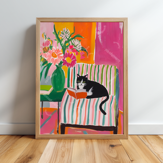 Tuxedo Cat Reading Print - Cozy Cat Painting