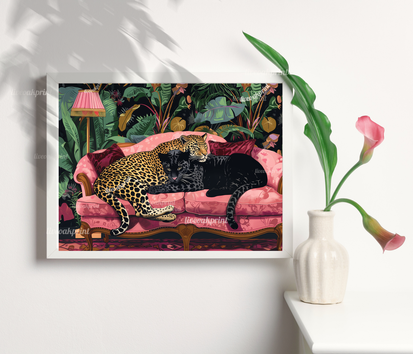 Snuggly Leopard and Black Panther In a Vintage Couch - Leopard Bedroom - Maximalist Wall Art - Black Panther Print - Leopard Wall Art