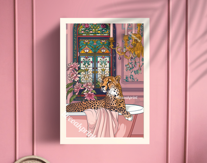 Cheetah In A Bathtub In A Fancy Pink Bathroom - Maximalist Bathroom Decor - Cheetah Bathroom Print - Cheetah Wall Decor