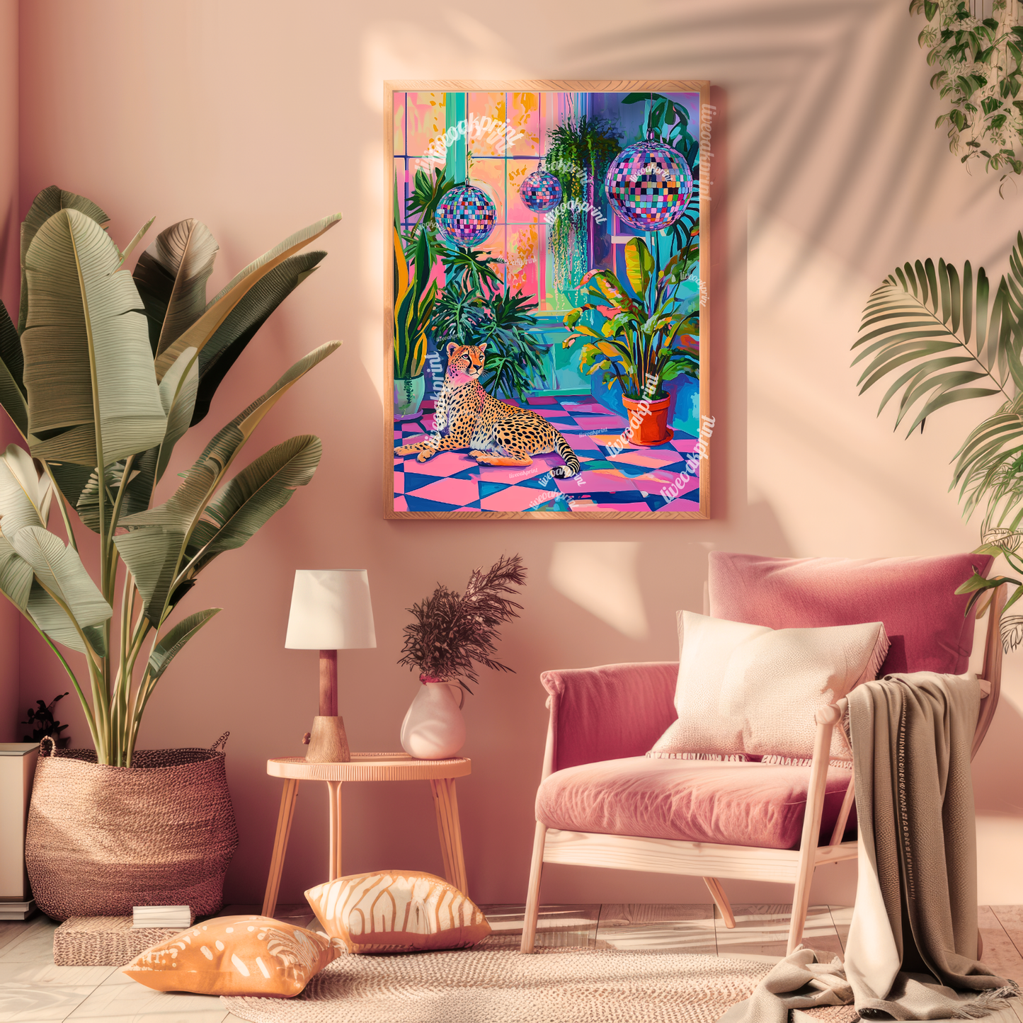 Cheetah, Plants, and Disco Balls - Cheetah Print - Maximalist Wall Art - Bold Cheetah Decor - Pink Cheetah Print - Boho Jungle Wall Art