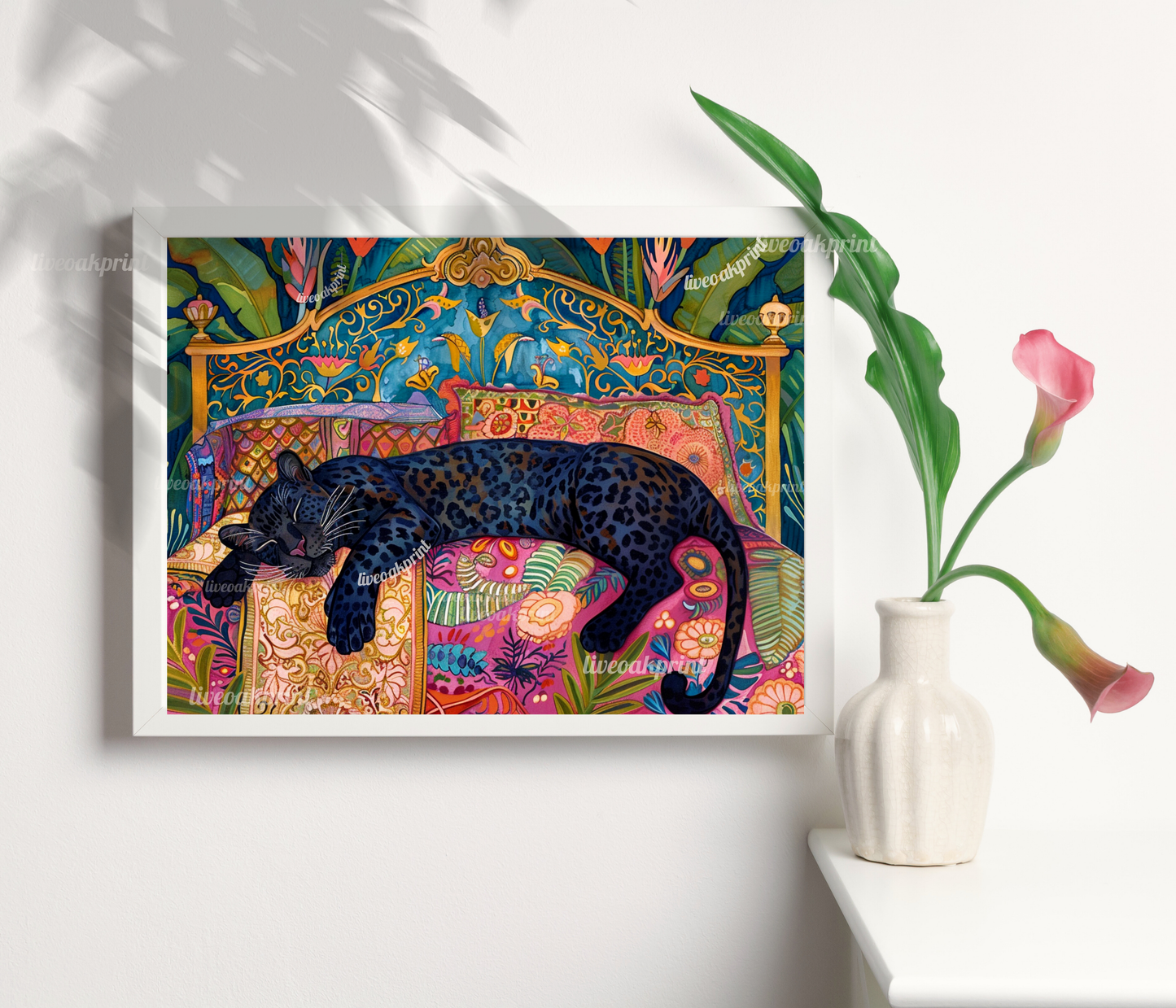 Sleepy Leopard - Black Leopard in a Colorful Bedroom - Panther Bedroom - Maximalist Wall Art - Colorful Bedroom Art - Over Bed Wall Art