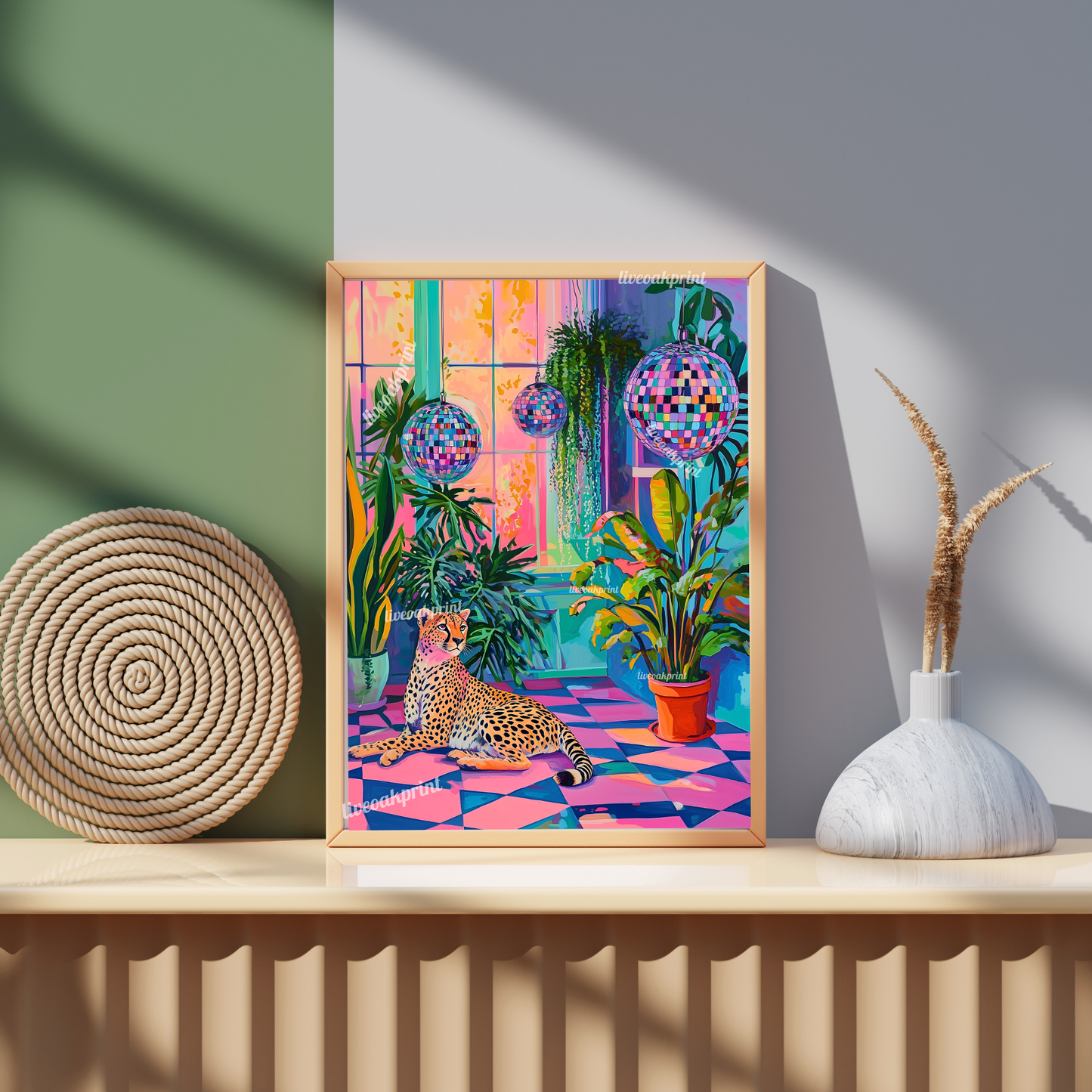 Cheetah, Plants, and Disco Balls - Cheetah Print - Maximalist Wall Art - Bold Cheetah Decor - Pink Cheetah Print - Boho Jungle Wall Art