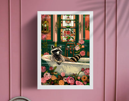 A Wistful Raccoon Takes A Bath - Whimsical Wall Art - Raccoon Print - Raccoon Wall Art - Whimsical Bathroom Art LiveOakPrint