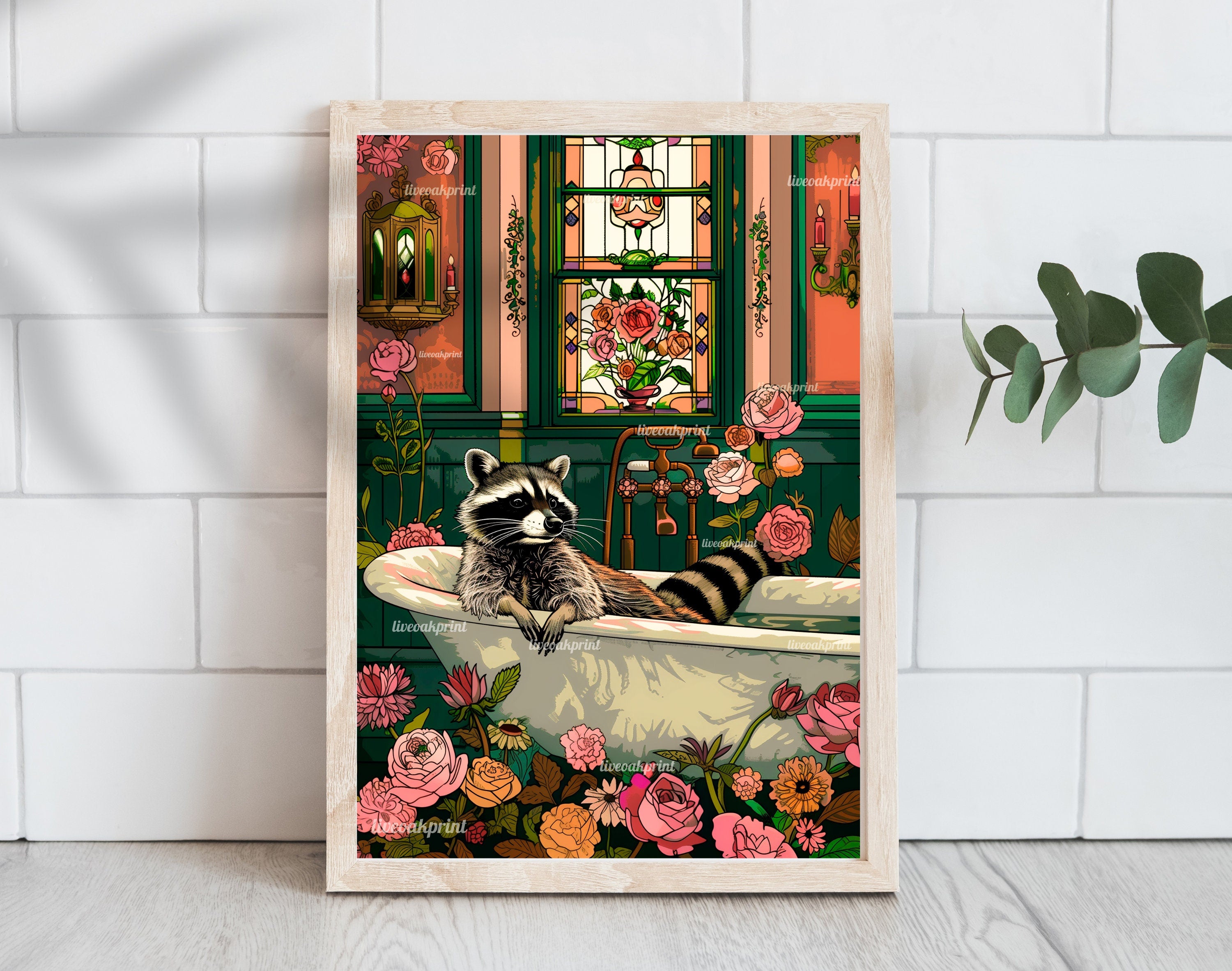 A Wistful Raccoon Takes A Bath - Whimsical Wall Art - Raccoon Print - Raccoon Wall Art - Whimsical Bathroom Art