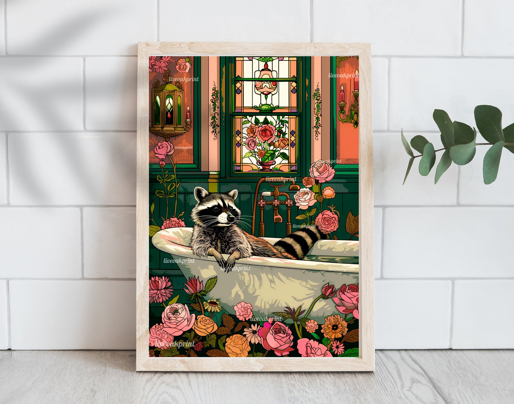 A Wistful Raccoon Takes A Bath - Whimsical Wall Art - Raccoon Print - Raccoon Wall Art - Whimsical Bathroom Art LiveOakPrint