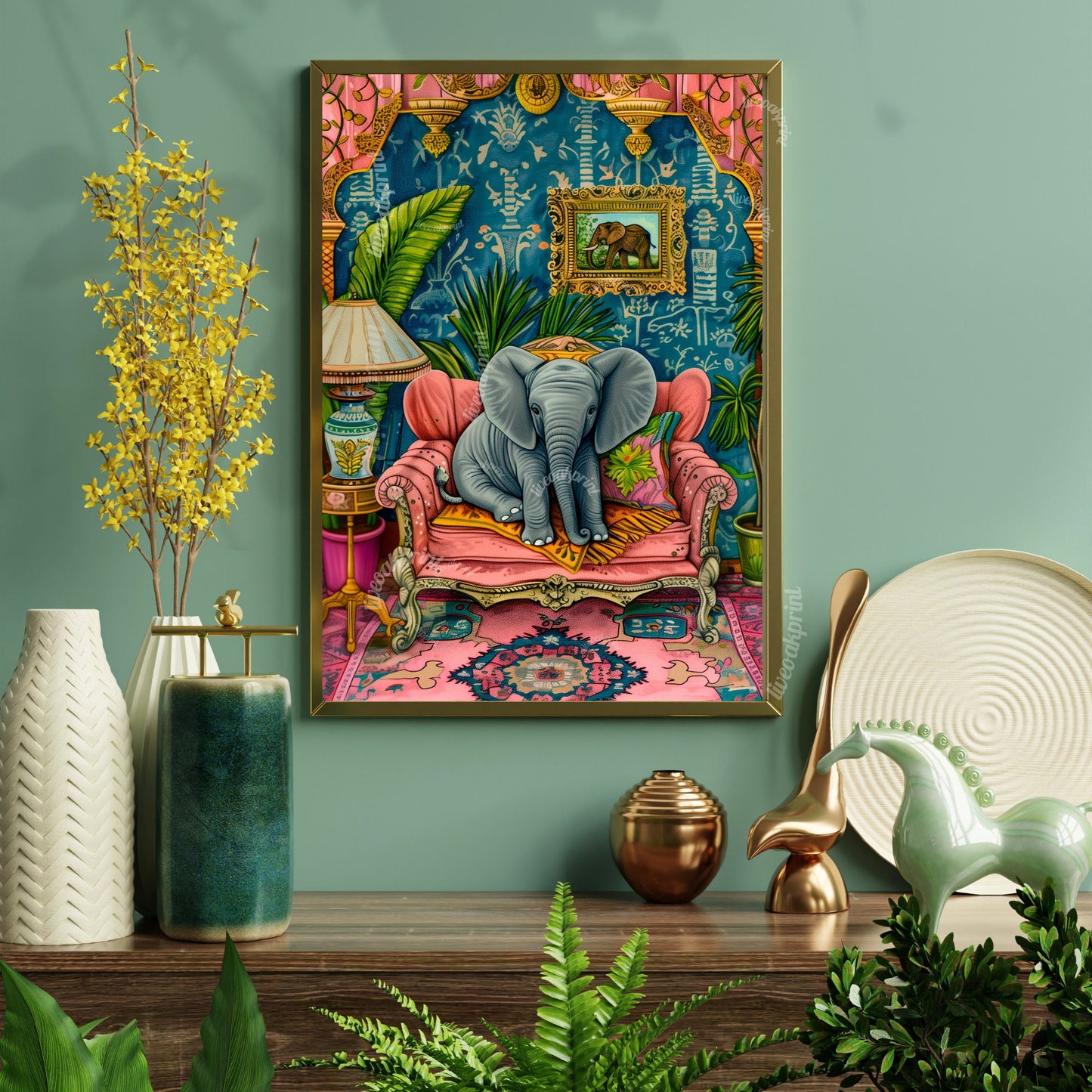 Baby Elephant on a Sofa Print - Elephant Print - Maximalist Living Room - Elephant Nursery - Pink Maximalist Print - Tropical Living Room LiveOakPrint