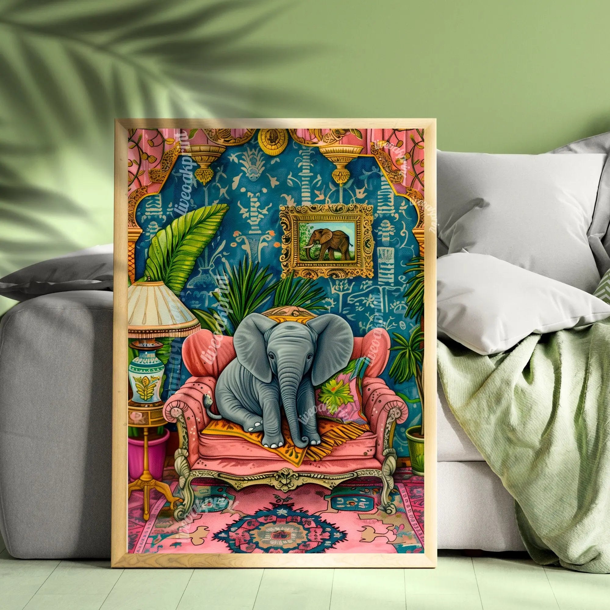 Baby Elephant on a Sofa Print - Elephant Print - Maximalist Living Room - Elephant Nursery - Pink Maximalist Print - Tropical Living Room