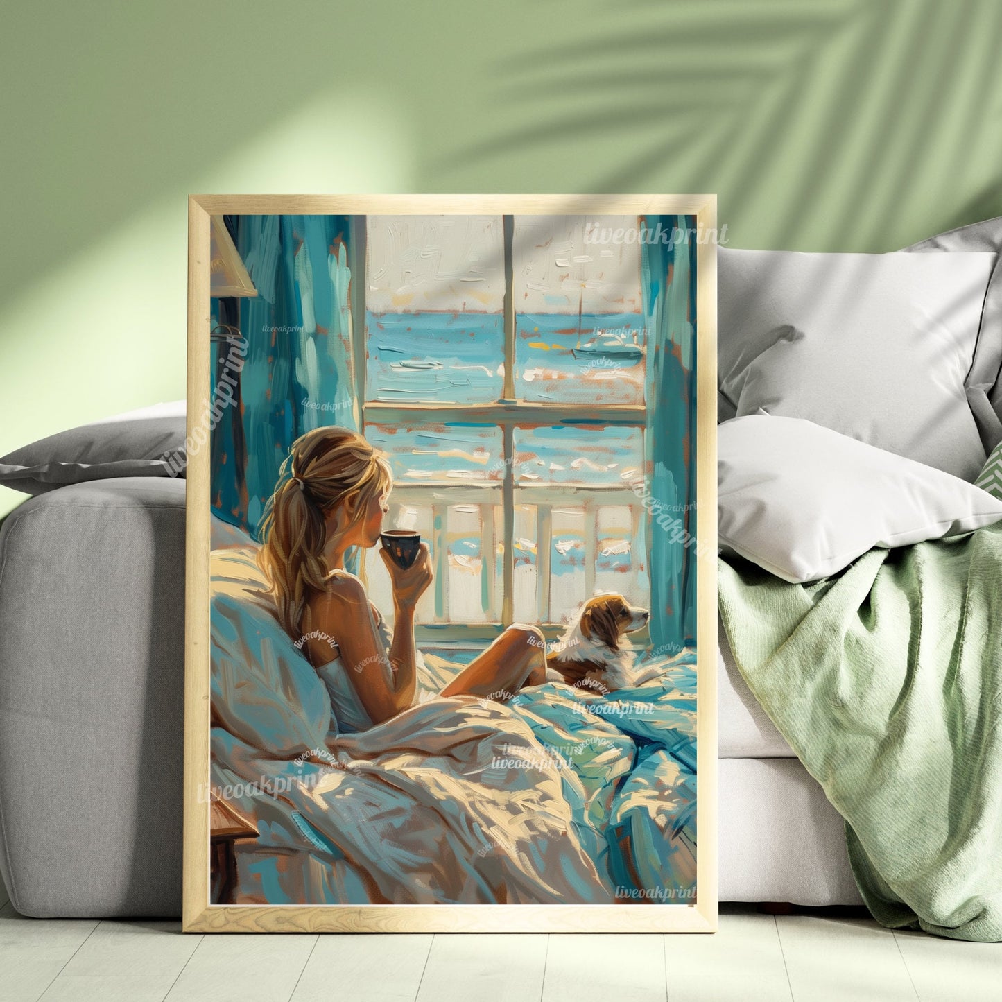 Beach Painting - Woman Drinking Coffee In Bed With Dog, Overlooking Ocean - Ocean Scene Painting - Dog Painting LiveOakPrint