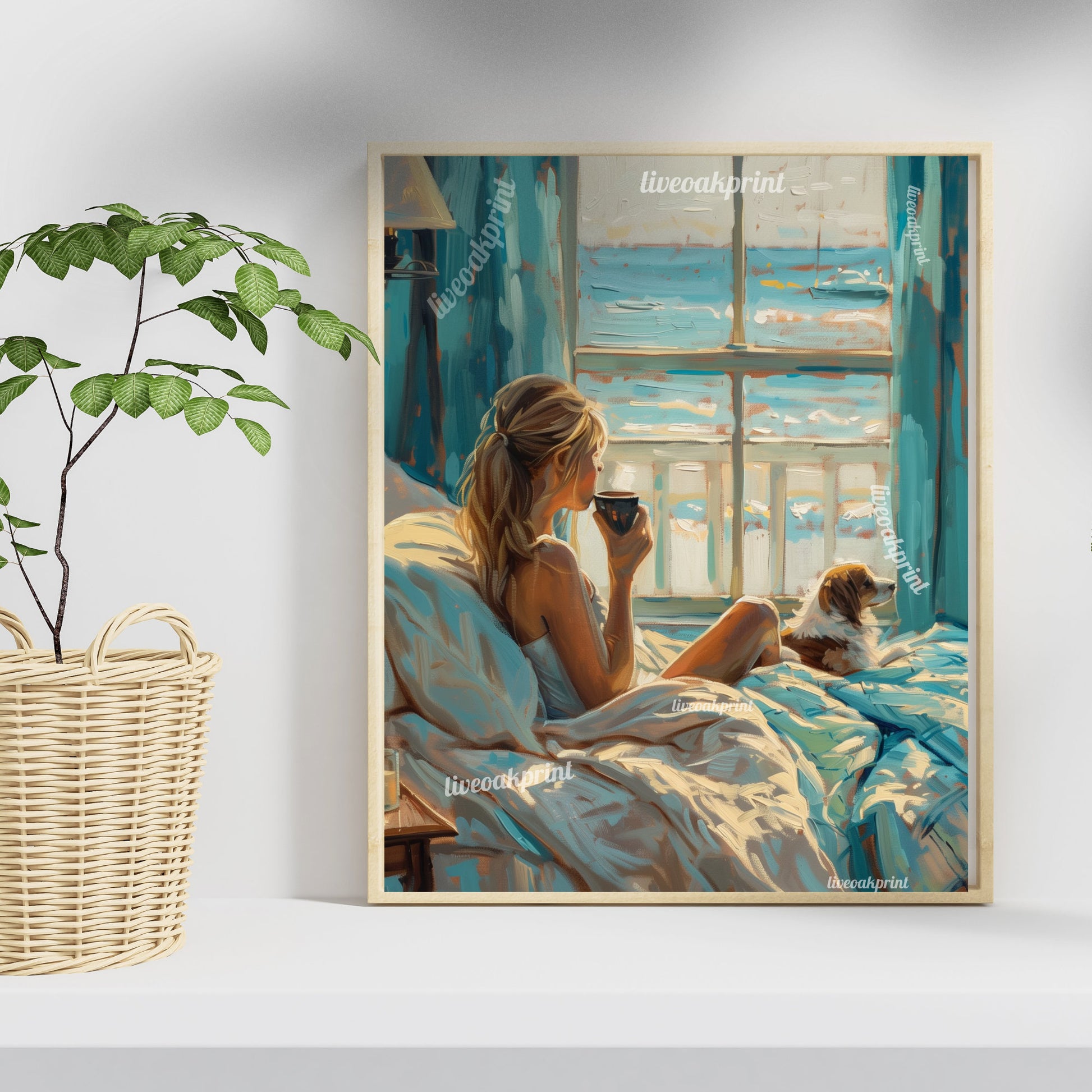 Beach Painting - Woman Drinking Coffee In Bed With Dog, Overlooking Ocean - Ocean Scene Painting - Dog Painting LiveOakPrint