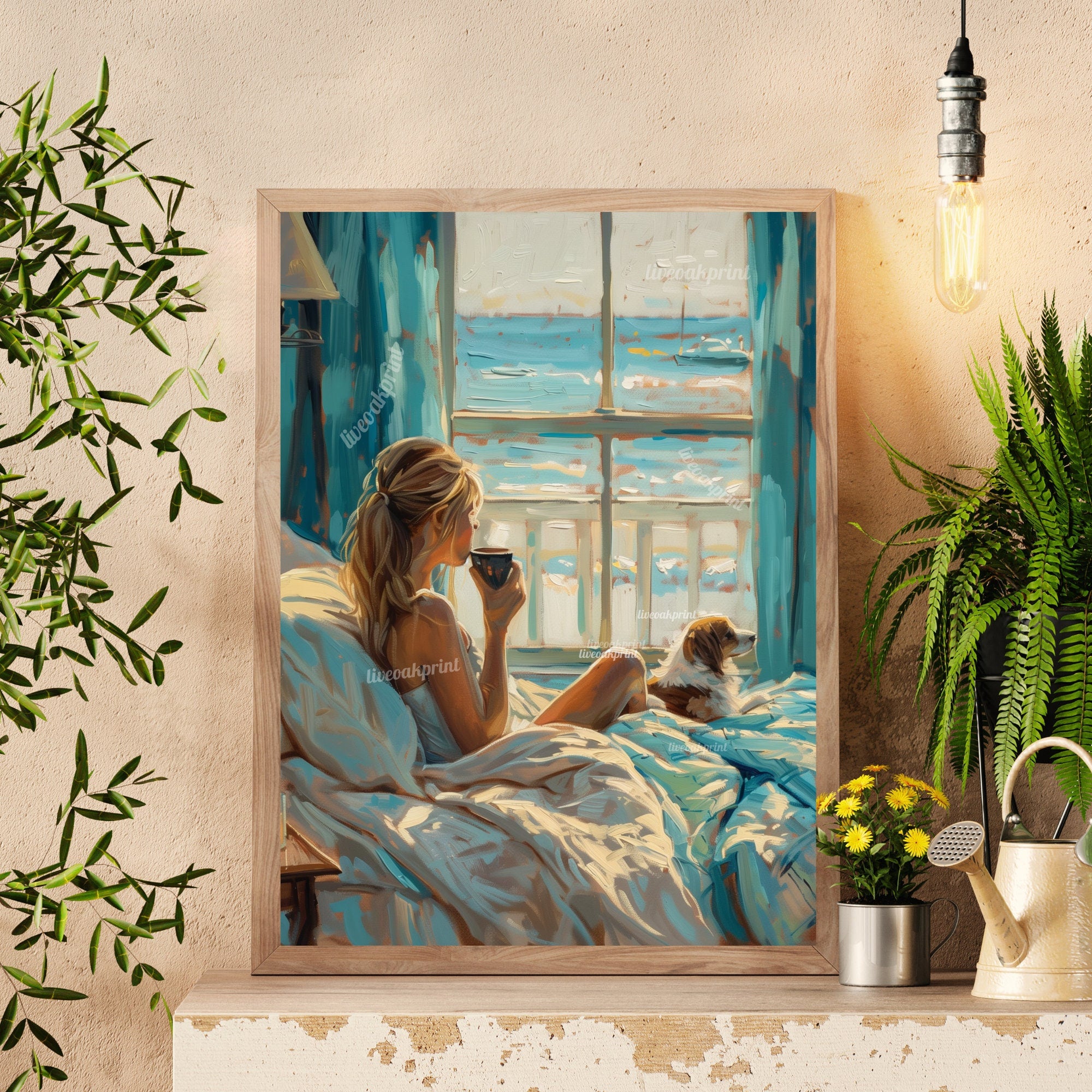 Beach Painting - Woman Drinking Coffee In Bed With Dog, Overlooking Ocean - Ocean Scene Painting - Dog Painting