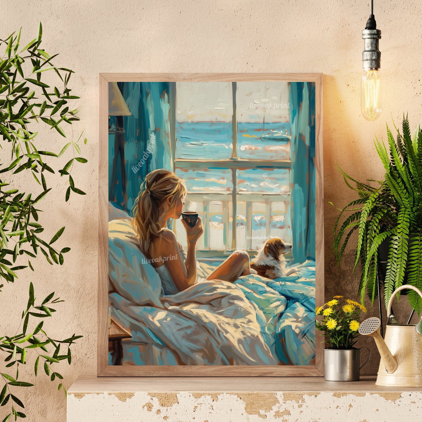 Beach Painting - Woman Drinking Coffee In Bed With Dog, Overlooking Ocean - Ocean Scene Painting - Dog Painting LiveOakPrint