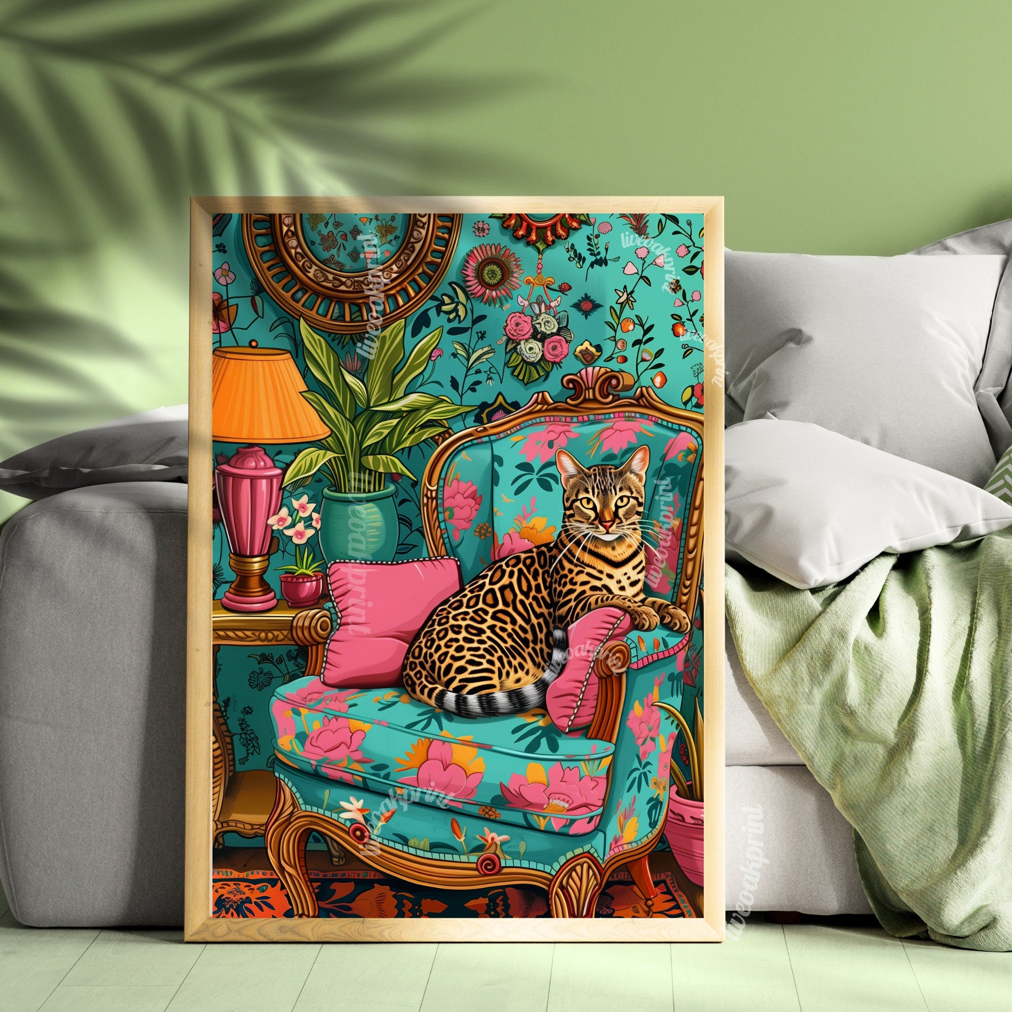 Bengal Cat Lounging in a Luxury Living Room - Leopard Wall Art - Maximalist Print - Bold Wall Decor - Cat Art Print