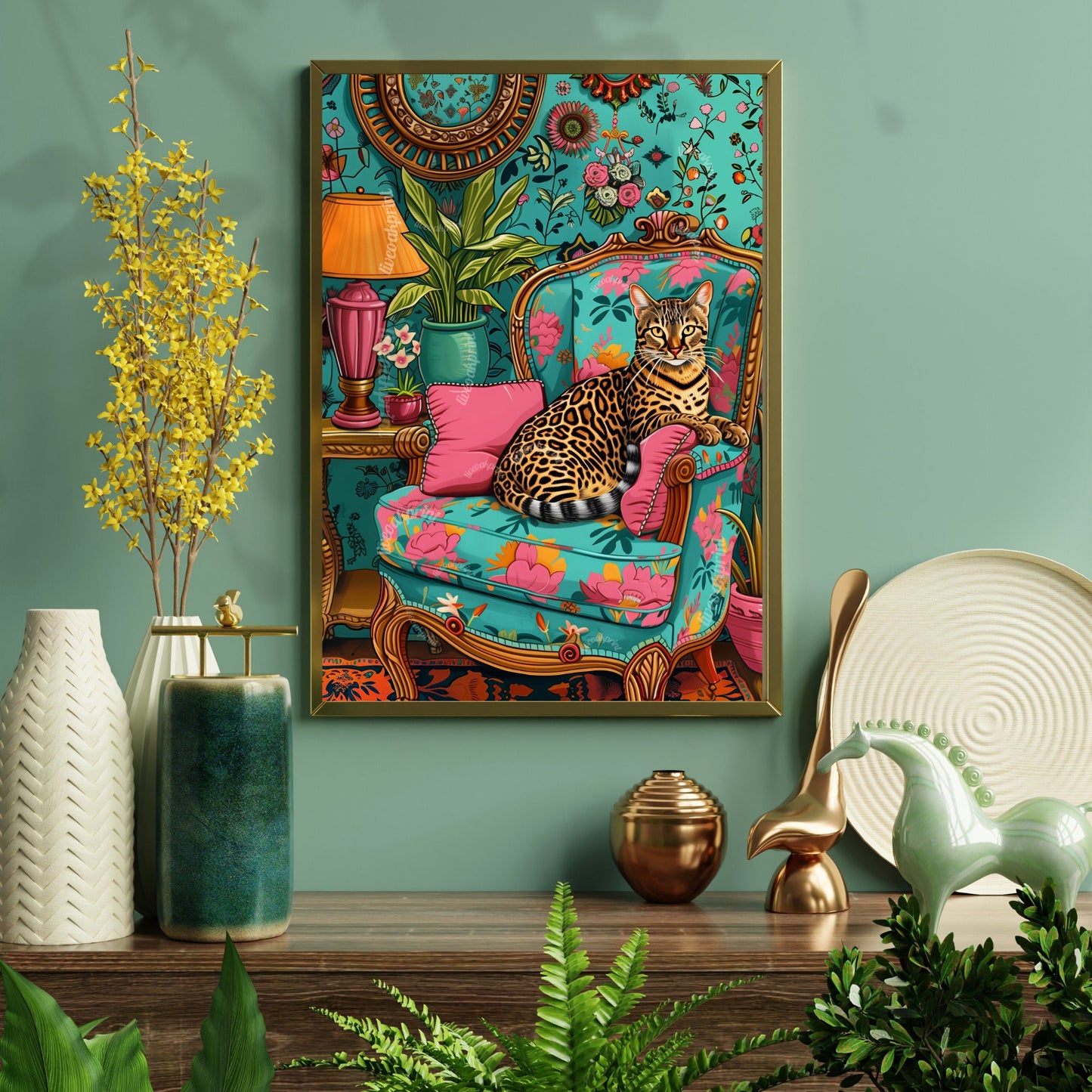 Bengal Cat Lounging in a Luxury Living Room - Leopard Wall Art - Maximalist Print - Bold Wall Decor - Cat Art Print LiveOakPrint