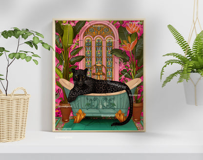 Black Panther In A Bathtub In A Luxury Bathroom - Maximalist Bathroom Decor - Black Panther Bathroom Print - Black Leopard Wall Decor LiveOakPrint