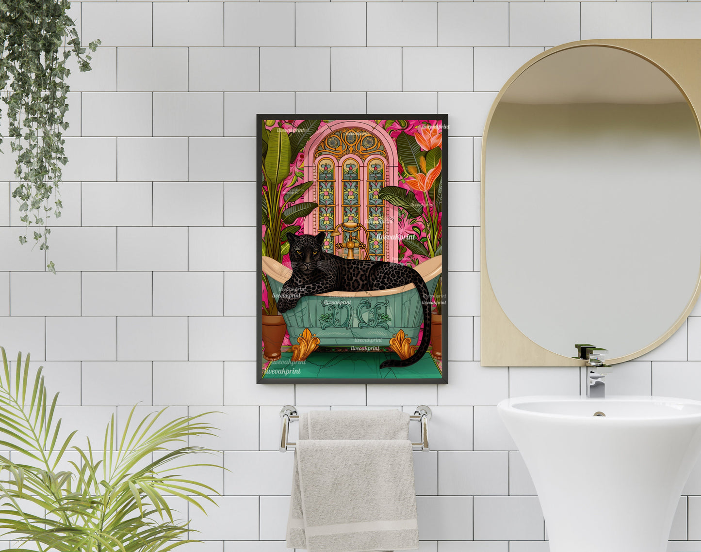 Black Panther In A Bathtub In A Luxury Bathroom - Maximalist Bathroom Decor - Black Panther Bathroom Print - Black Leopard Wall Decor LiveOakPrint