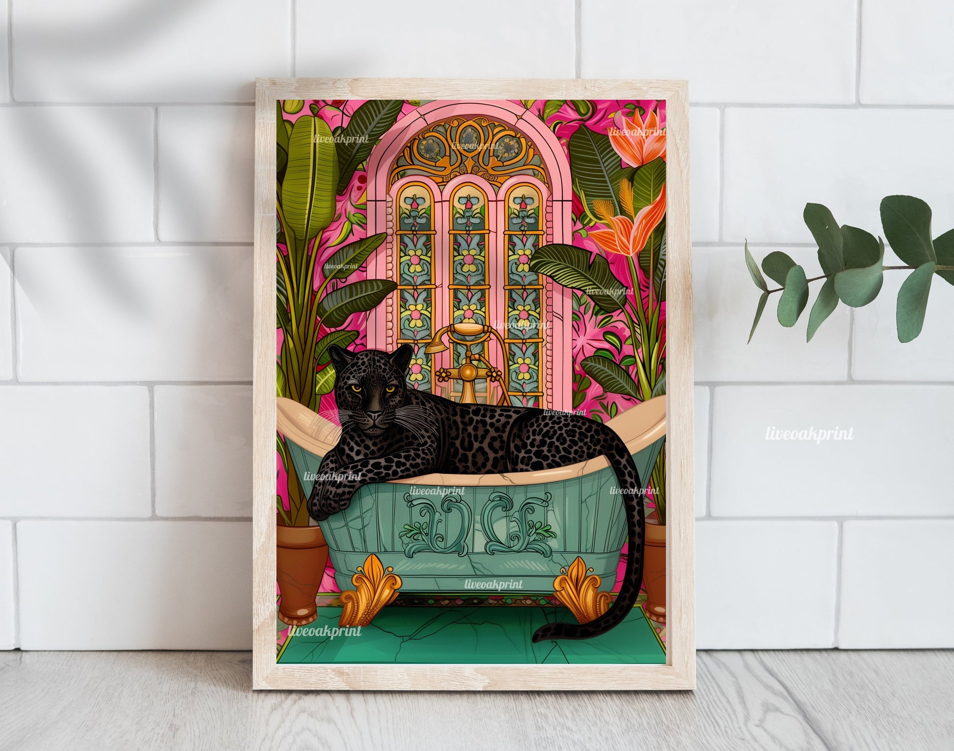 Black Panther In A Bathtub In A Luxury Bathroom - Maximalist Bathroom Decor - Black Panther Bathroom Print - Black Leopard Wall Decor LiveOakPrint