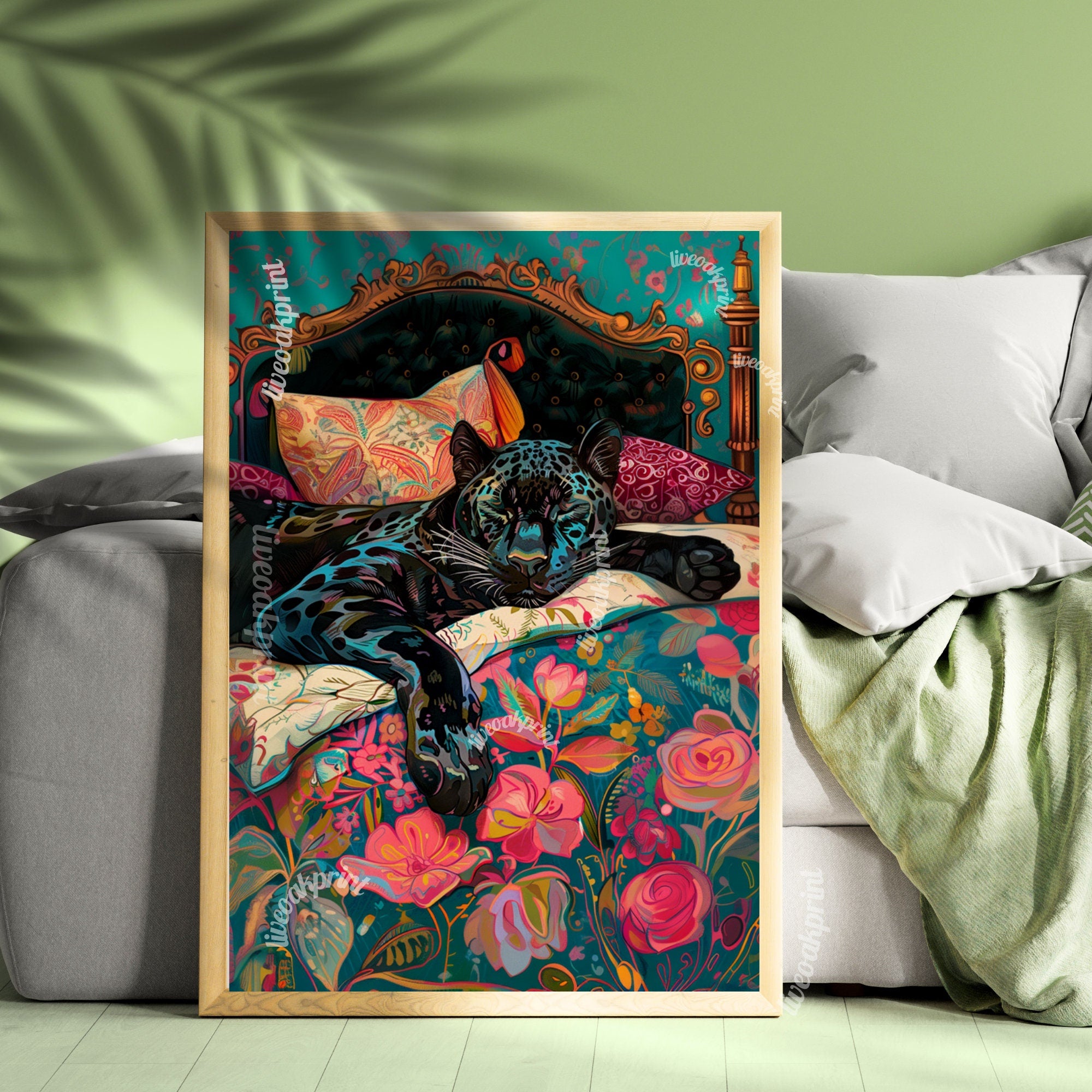 Black Panther Sleeping In Bed  - Vintage Black Puma Print - Pink Maximalist Print - Dark Boho Wall Art - Maximalist Panther Print